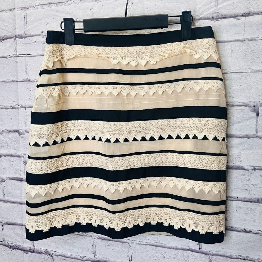 Baraschi Womens Cream & Black Striped Lace Lined Side Zip Mini Skirt Size 6